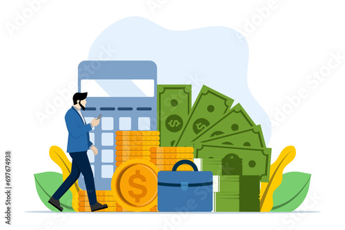concept of financial management, financial administration, businessman calculating budget, optimization, financial accounting, tasks, vector illustration in flat design for UI, banner, mobile app.