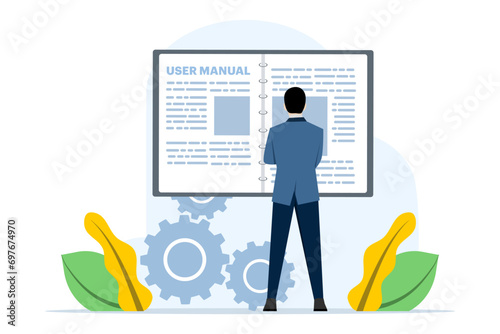 user guide concept with people, people reading operation manual, requirements and specification documents. Can be used for, landing page, template, ui, web, mobile app, banner. vector illustration.