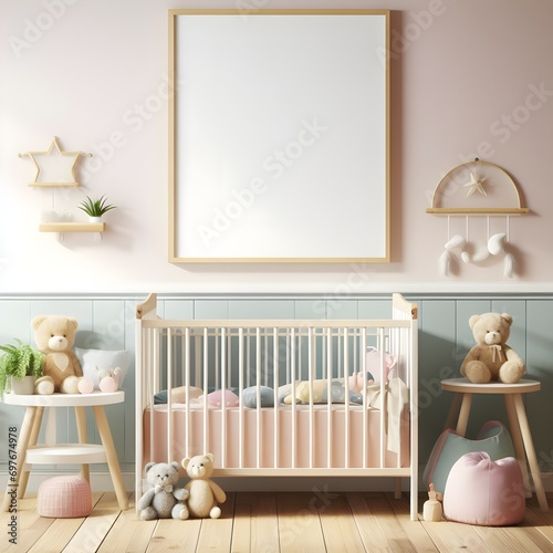 Mockup frame empty copy space of wooden frame closeup in Children baby Child nursery interior room, pastel color wall , Boho, Cozy, Scandinavian, minimal decorative, blank space photo frame