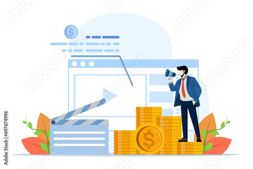 Video monetization concept, man makes money online from videos. content creators who are successful at monetizing videos. earn money on the internet, earn income online. Flat vector illustration.