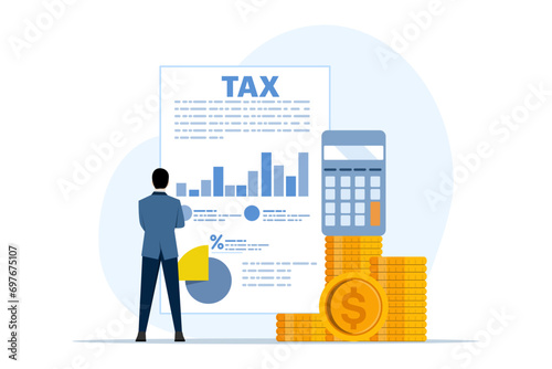 tax refund concept, businessman cuts big taxes, tax reduction, optimization, tasks, financial accounting. Flat vector illustration on white background.