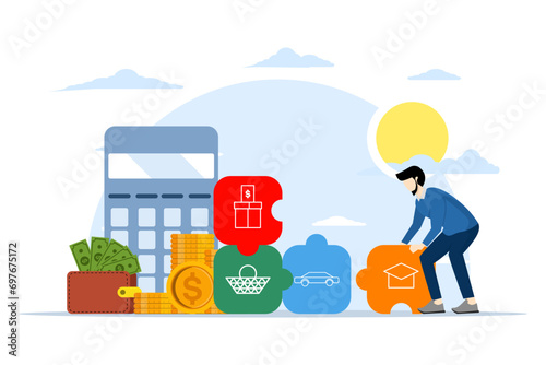 Budget concept, people form a personal expenditure budget by dividing expenditure items. date, finance, personal budget, family money, date, finance, personal budget. Vector illustration.