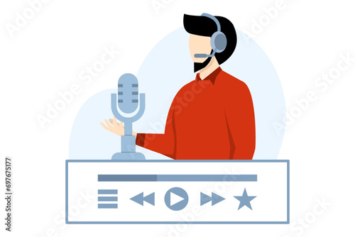 Online Podcasting Concept, Characters Listening to Podcasts on Mobile Application. Online Radio Show. Audio podcasts. blogging, podcasting, podcast app. Vector illustration for Web Design.
