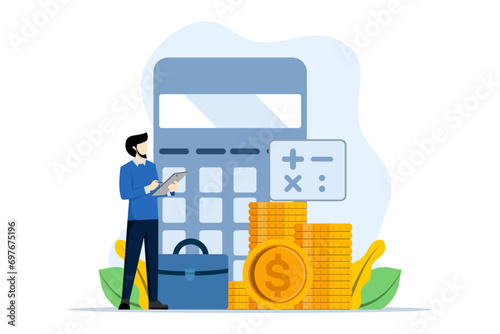 concept of financial management, financial administration, businessman calculating budget, optimization, financial accounting, tasks, vector illustration in flat design for UI, banner, mobile app.