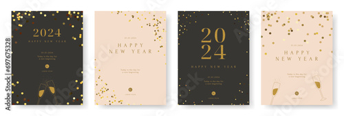 Happy New Year, Merry Christmas poster set. Gold confetti tinsel greeting card, Winter holiday invite, Brochure voucher template. Elegance festive. Minimal simple style. Flat vector illustration.
