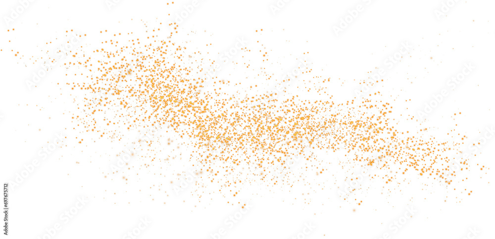 Obraz premium Golden scattering of small particles of sugar crystals, flying salt, top view of baking flour. Golden powder, powdered sugar explosion isolated on transparent background. PNG.