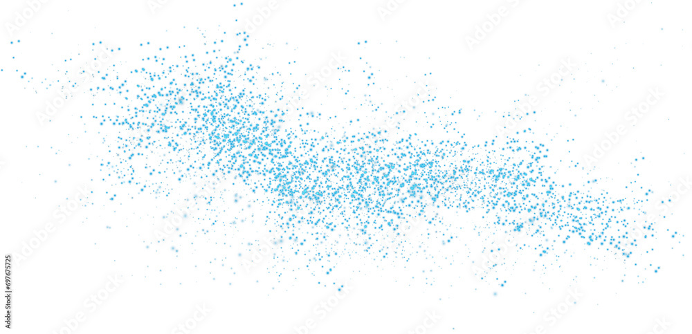 Blue scattering of small particles of sugar crystals, flying salt, top view of baking flour. Blue powder, powdered sugar explosion isolated on transparent background. PNG.