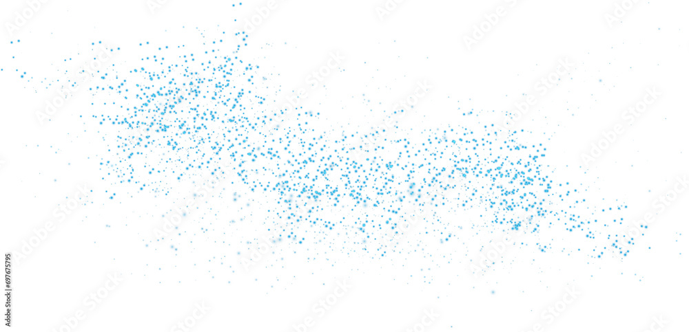 Blue scattering of small particles of sugar crystals, flying salt, top view of baking flour. Blue powder, powdered sugar explosion isolated on transparent background. PNG.