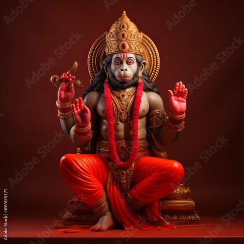 illustration of lord hanuman on a red backgroundtraditional hinduism, Generative ai photo