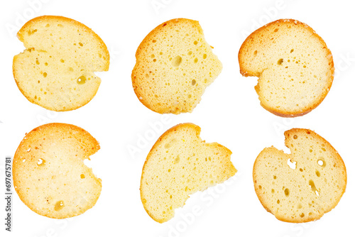 Set crackers bruschetta with spices isolated on white background, top view.