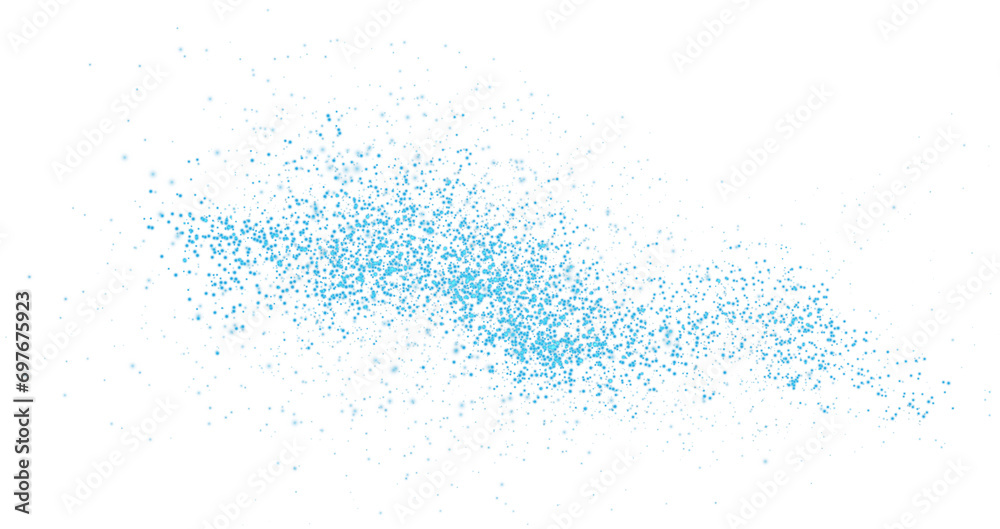 Obraz premium Blue scattering of small particles of sugar crystals, flying salt, top view of baking flour. Blue powder, powdered sugar explosion isolated on transparent background. PNG.
