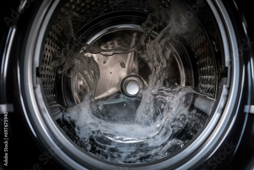 Closeup of water-filled drum in a modern front-loading washing machine. Generative AI