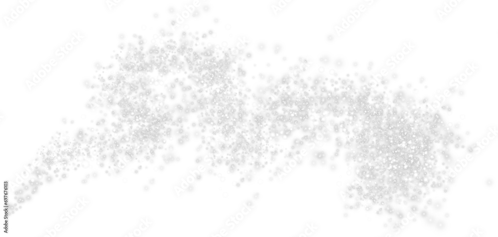 White scattering of small particles of sugar crystals, flying salt, top view of baking flour. White powder, powdered sugar explosion isolated on transparent background. PNG.