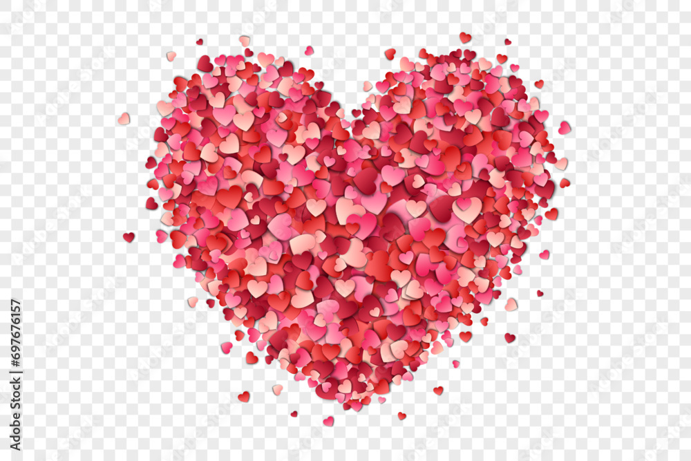 Heart figure made from paper confetti red and pink hearts on a transparent background. Heart confetti for Women's Day. Design element for Valentine’s Day. Heart figure made from paper confetti red and pink hearts on a transparent background. Heart confetti for Women's Day. Design element for Valentine’s Day.