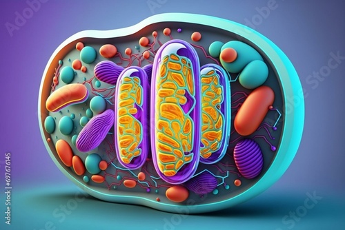 3D illustration of cellular mitochondria on colorful backdrop. Generative AI photo