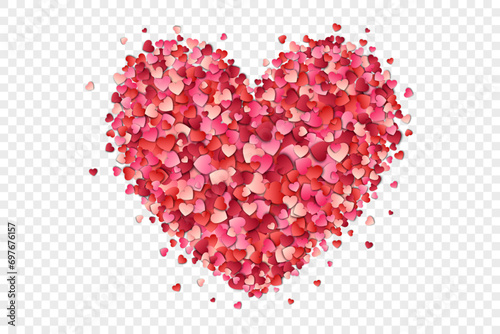 Heart figure made from paper confetti red and pink hearts on a transparent background. Heart confetti for Women's Day. Design element for Valentine’s Day.