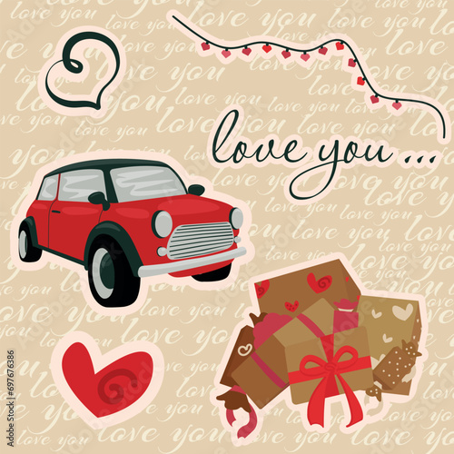 Valentine's Day stickers for the print shop. A bunch of boxes with gifts. Red car. A mountain of gifts for a holiday or birthday. Fashionable flat vector illustration in retro style.