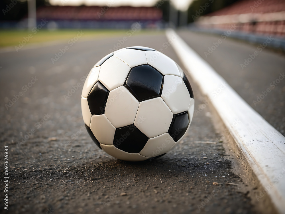 Soccer ball on the field of stadium. Sport background.