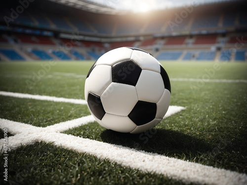 Soccer ball on the field of stadium. Sport background.