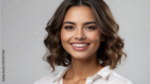 Portrait of a beautiful young columbian model woman smiling with white teeth photo