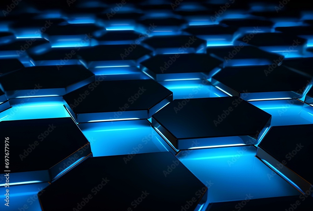 Fototapeta premium Blue glowing hexagons honeycomb background. 3d rendering concept technology