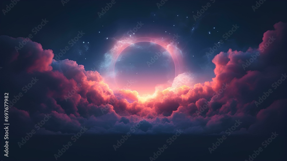 Obraz premium Futuristic neon circle in the clouds. 3d rendering.