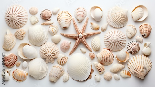 Smooth seashells arranged to highlight their intricate textures against a pristine white backdrop,[white background different textures]