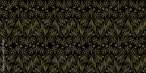 Seamless pattern with golden flowers on black background. Floral ornament vector illustration. Wild flowers in traditional style for printing.