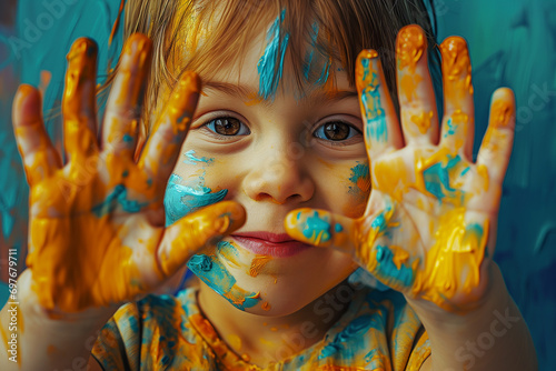 Little Girl Playing With Paint On Hands