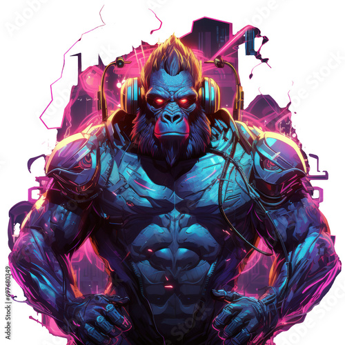 Mecha Cyberpunk gorilla cyborg illustration. Ferocious gorilla cyborg. Futuristic ape mecha. Monkey robot. Futuristic kong design for t-shirt, poster, sticker, poster, streetwear. png trasnparent photo