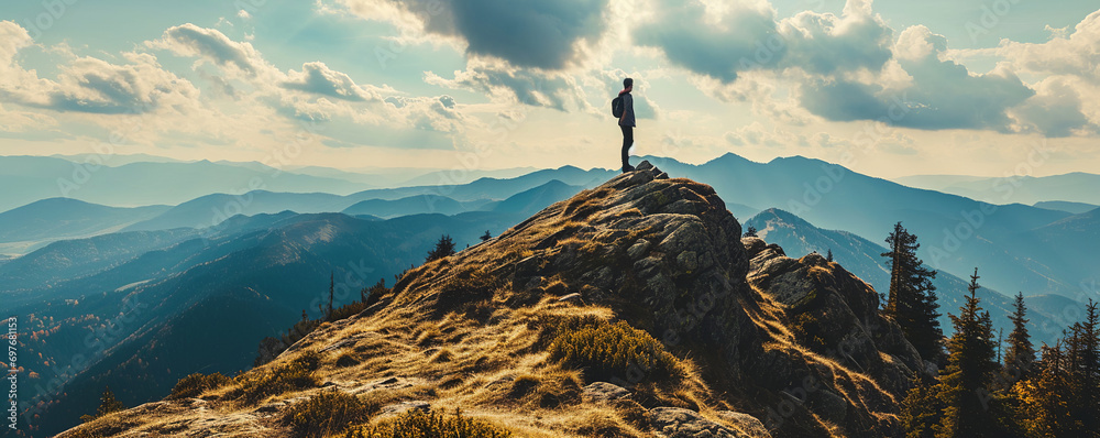 Obraz premium A man standing on the highest peak of a mountain, Images that convey success and determination, Images used to inspire determination to succeed. Ai generate