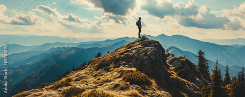 A man standing on the highest peak of a mountain, Images that convey success and determination, Images used to inspire determination to succeed. Ai generate photo