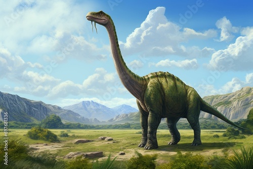 Alamosaurus standing on plains and mountains from a side view. Generative AI © Jeff