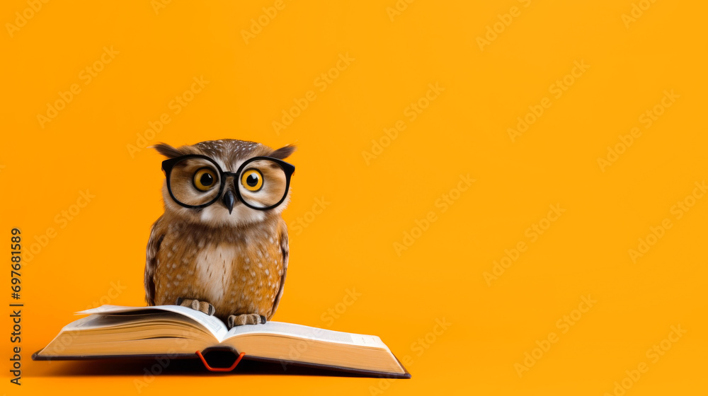 An owl with glasses reads a book on an orange background, copyspace, space for text An owl with glasses reads a book on an orange background, copyspace, space for text
