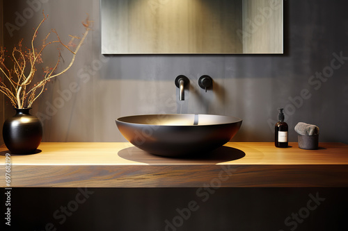 Modern Elegance Stylish Black Vessel Sink and Faucet on Wall-Mounted Wooden Countertop in a Minimalist Masterpiece of Bathroom Design. created with Generative AI