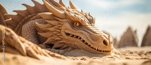 Intricate sand dragon sculpture on a beach.