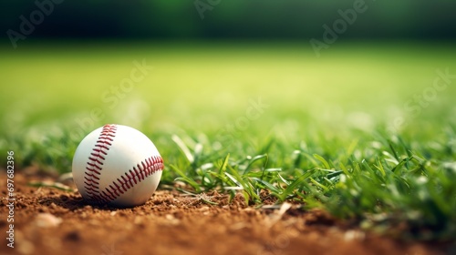 Baseball ball on green grass field with sunlight background and copy space, Soft focus background suitable for sports-related projects and designs. 