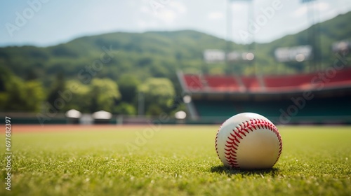 Baseball ball on green grass field with sunlight background and copy space, Soft focus background suitable for sports-related projects and designs.
