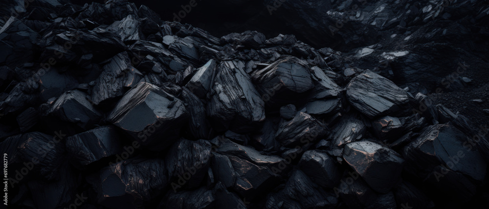 Eerie cave with flickering flame, highlighting coal formations.