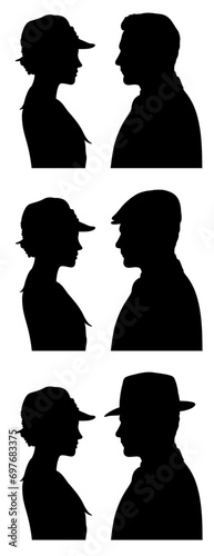 Profile silhouettes of three young couples in 1930s clothes where woman and man are eye to eye and man wears flat cap and fedora hat.