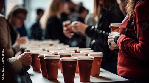 People at a cultural event participating in coffee tasting with disposable cups photo
