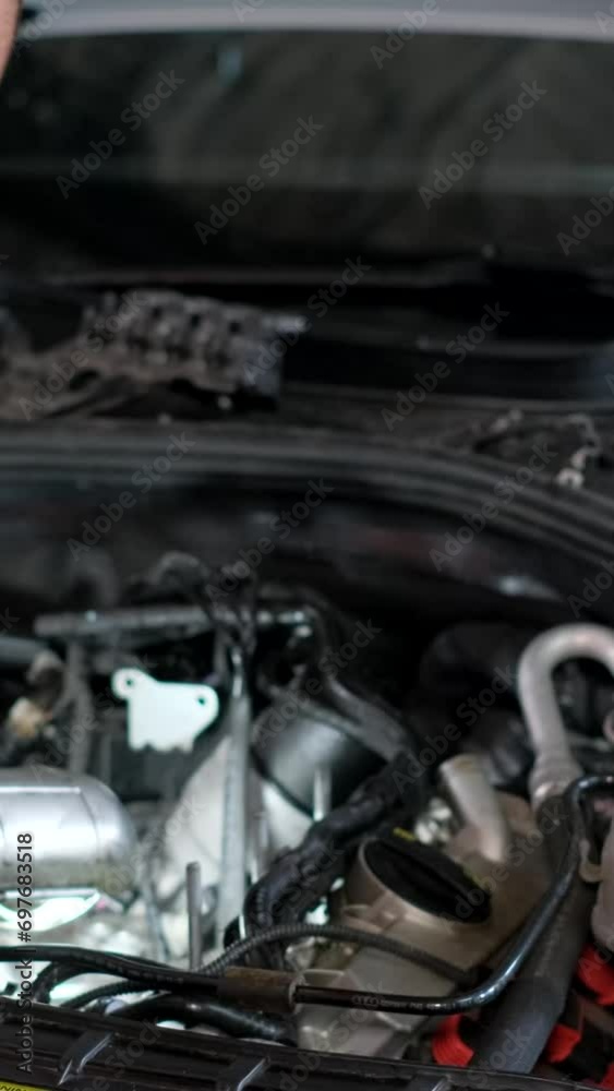 Auto car repair service center. Mechanic examining car engine. Vertical video Auto car repair service center. Mechanic examining car engine. Vertical video