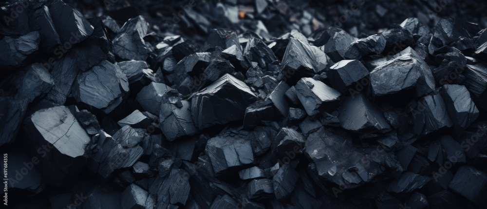 Close-up of a dark, heavy heap of varied coal.