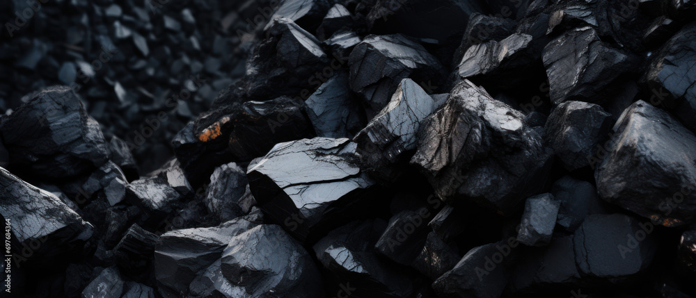 Close-up of a dark, heavy heap of varied coal.