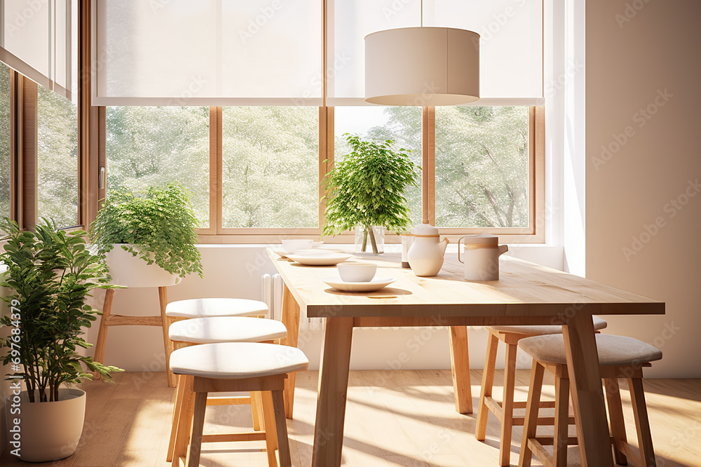 Obraz premium Natural Simplicity Wooden Stools in a Serene Dining Setting of a Modern Scandinavian Home. created with Generative AI