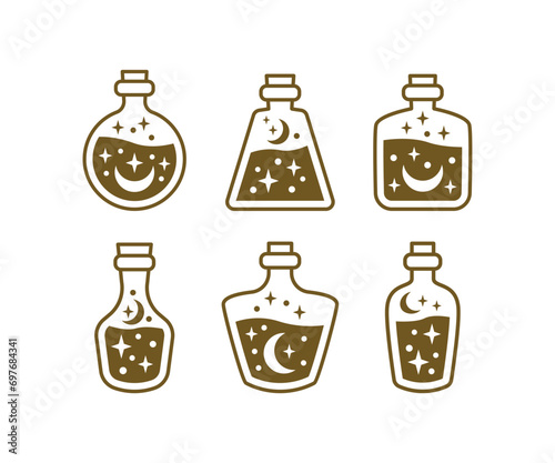 set of potion bottle silhouette with sun, moon, star, spark boho bohemian vector design icon illustration isolated collections