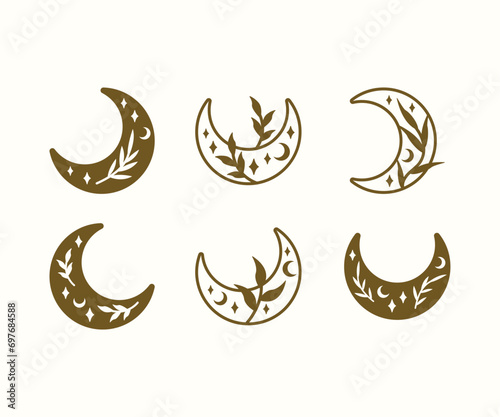 floral moon crescent star celestial with leaves boho element icon vector design illustration collections