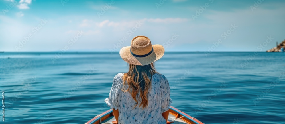 tourist woman wearing a hat sitting on a moving boat and enjoying the blue sea