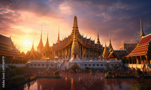 Grand Palace and Wat Phra Kaew Glowing in the Asian Sunset - A Landmark in Bangkok, Thailand. photo