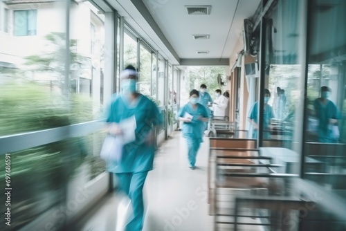 Blurry movement of nurses and doctors in hospital. Nurse walking by a hospital corridor